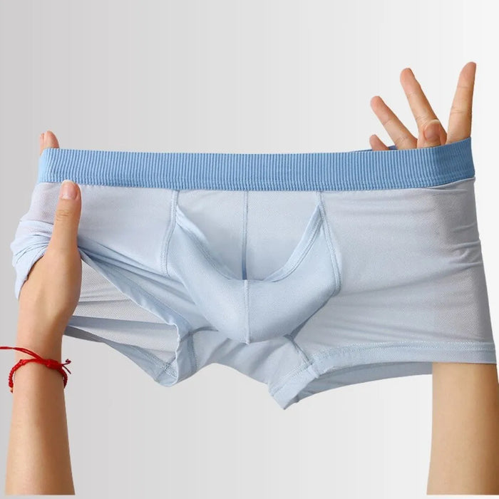 JEWYEE MENS UNDERWEAR. Mens dual pouch underpants. Super thin ice silk trunks. Silk feeling. Featherlight. 4-Way stretch. Moisture wicking. Fast Dry. Pinocchio's nose pouch for your member.Up to Size 3XL Upward Dual Pouch Elephant's Trunk